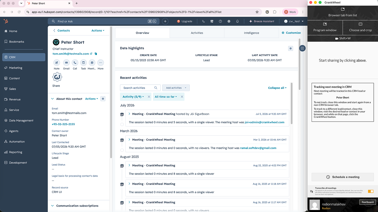CrankWheel button displayed on a HubSpot contact record