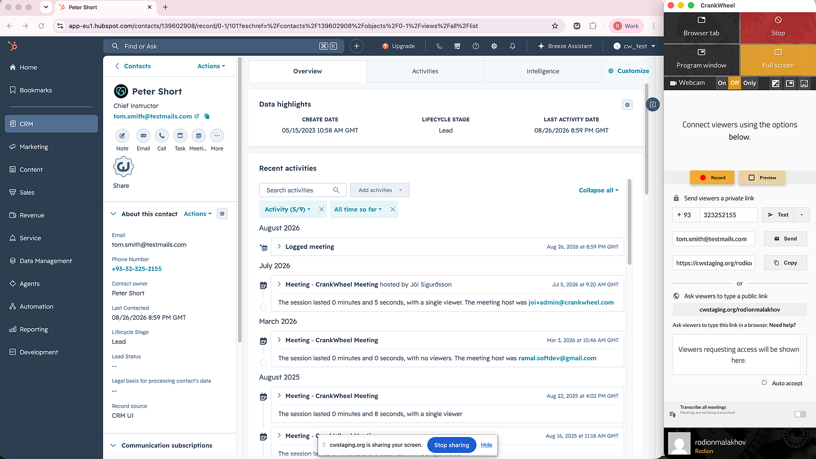 Contact details from HubSpot pre-filled in CrankWheel