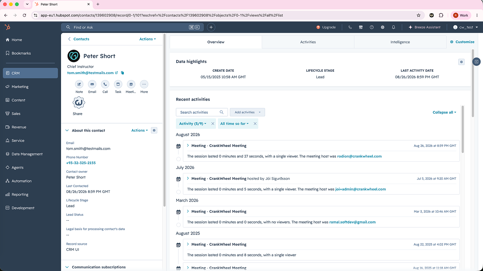 CrankWheel meeting activity logged on a HubSpot contact timeline
