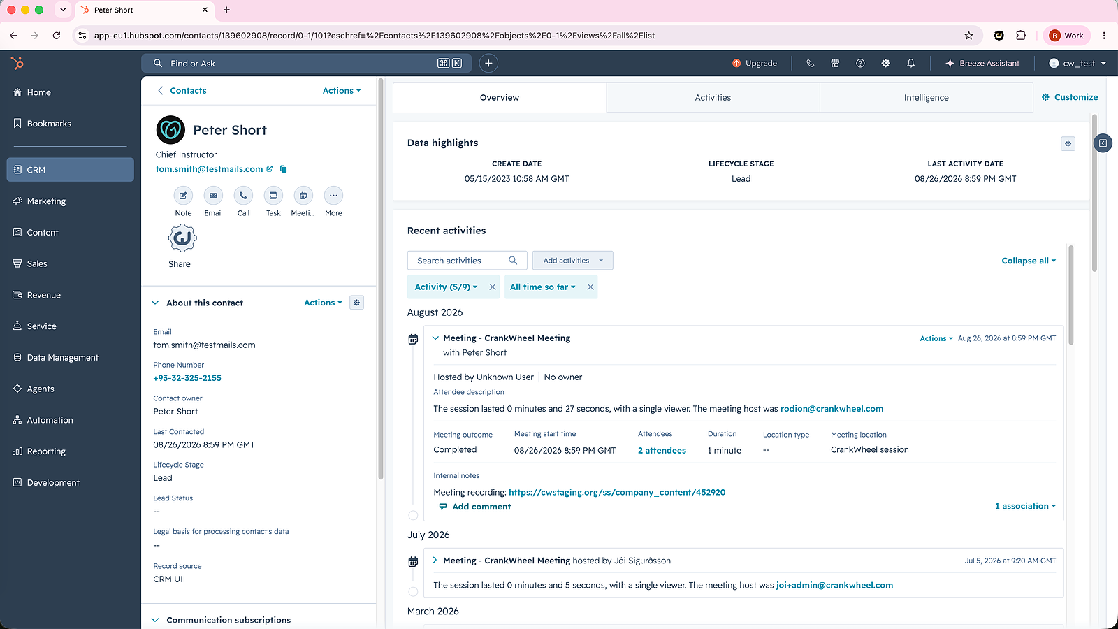 CrankWheel meeting recording link in a HubSpot contact timeline